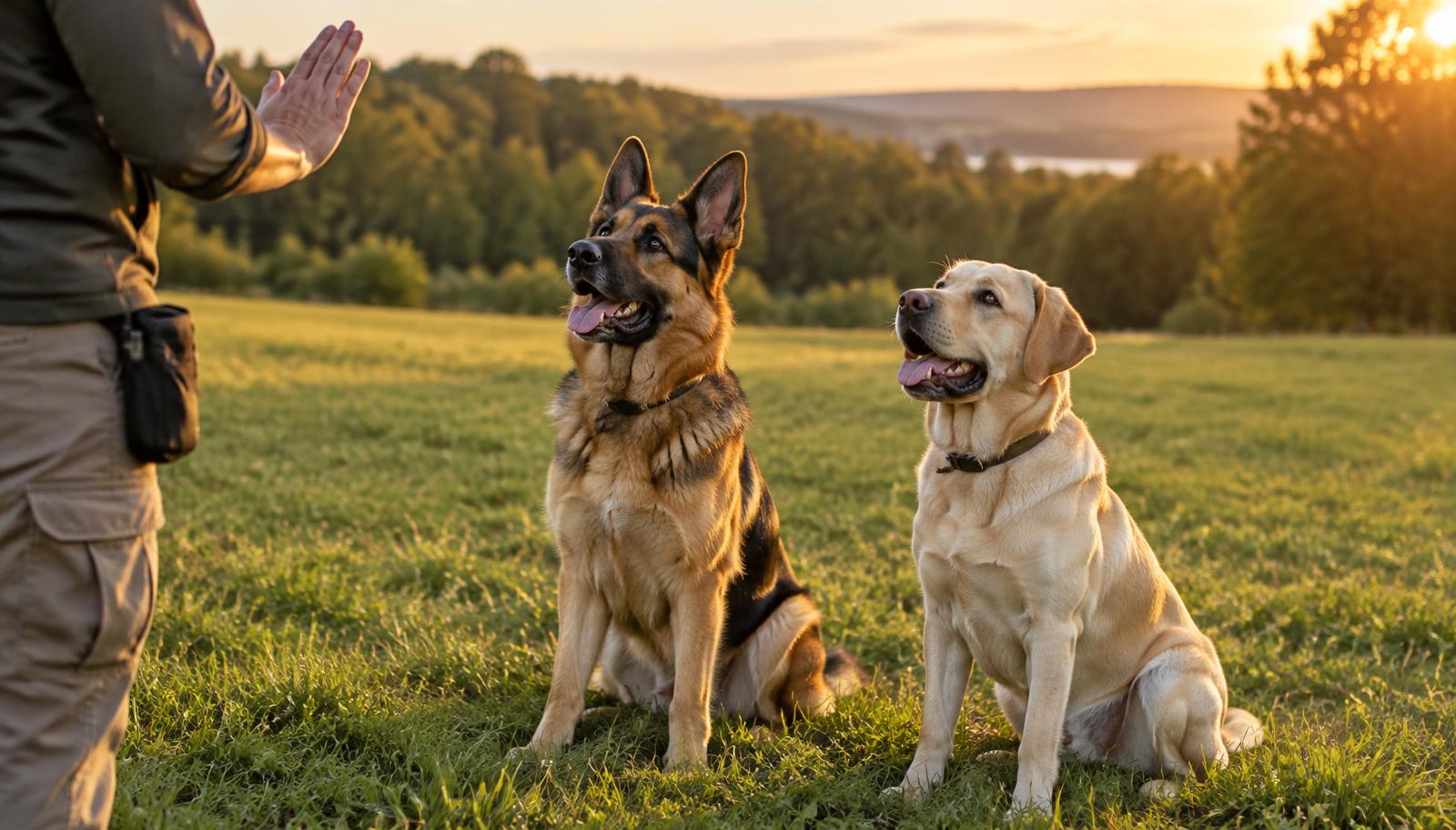 A trainer signalling to a German Shepherd and a Labrador sitting in a Huntsville field at sunset
